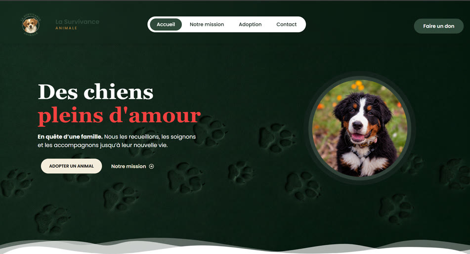 Page d’accueil du site La Survivance Animale : sur fond vert foncé, le titre « Des chiens pleins d’amour » et la photo d’un chiot bouvier bernois.